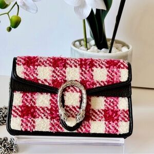 Authentic Gucci Dionysus Super Mini Tweed Red Cream Silver Chain NWOT